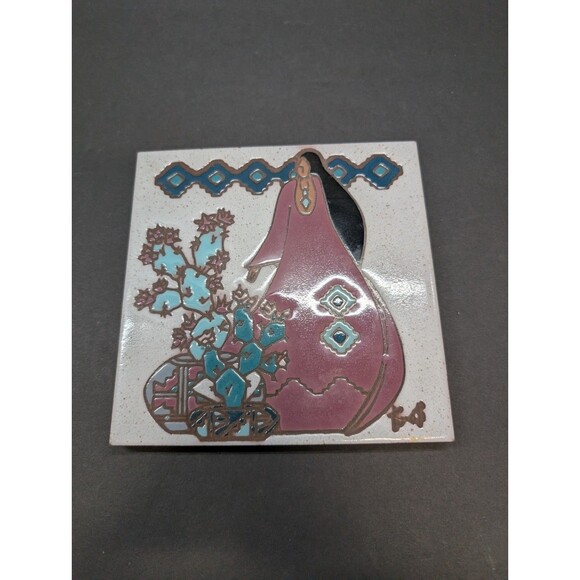 Other - Earthtones Ceramic Tile Trivet Native American Woman Flowers 1990 -6"